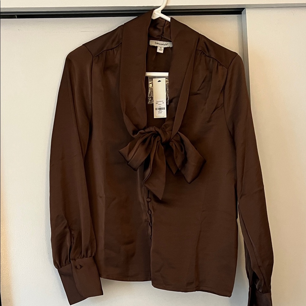 NWT Francesca's Collections Brown Satin Bow Tie Blouse